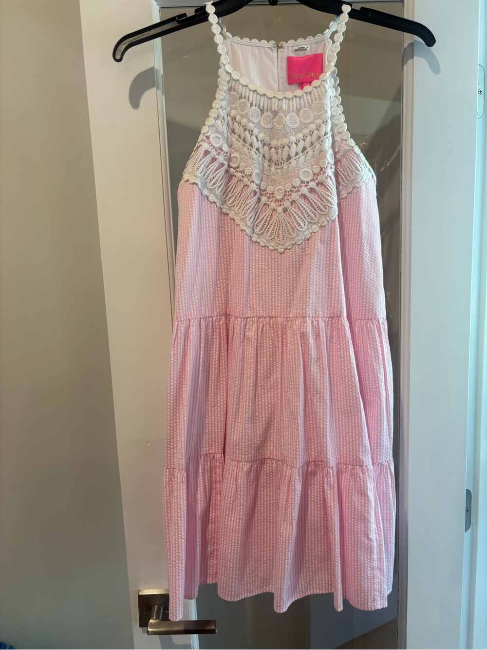 Lilly Pulitzer Light Pink Sleeveless Tiered Dress with White Crochet Yoke